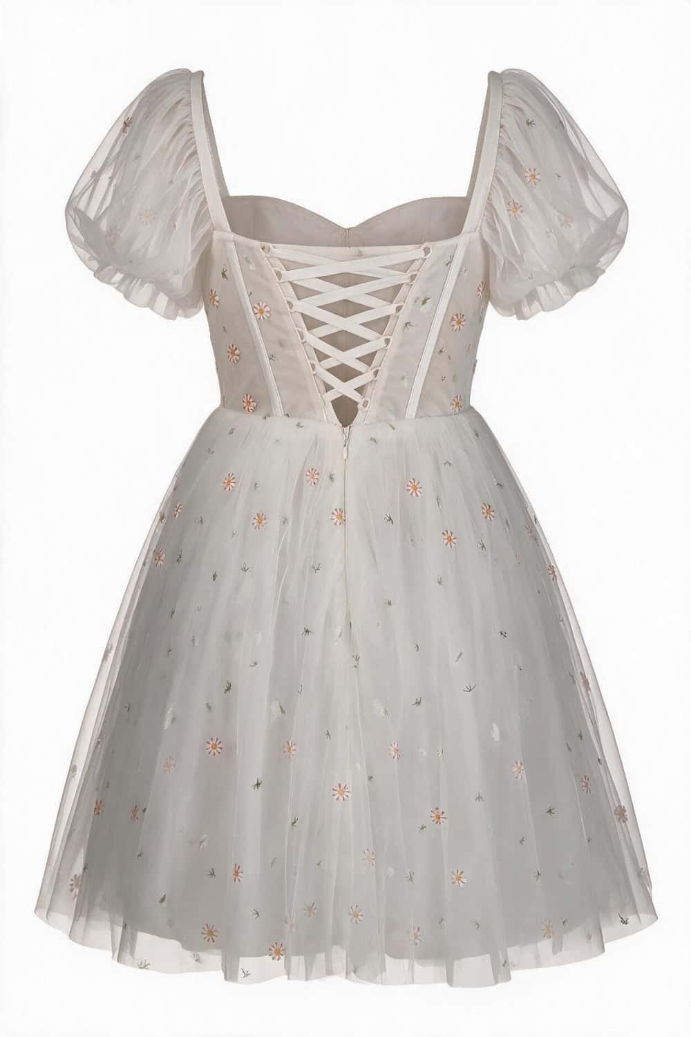 Puff Sleeve White Tulle Floral Short Dress
