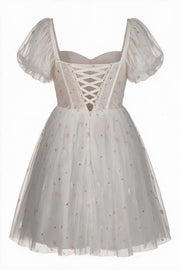 Puff Sleeve White Tulle Floral Short Dress