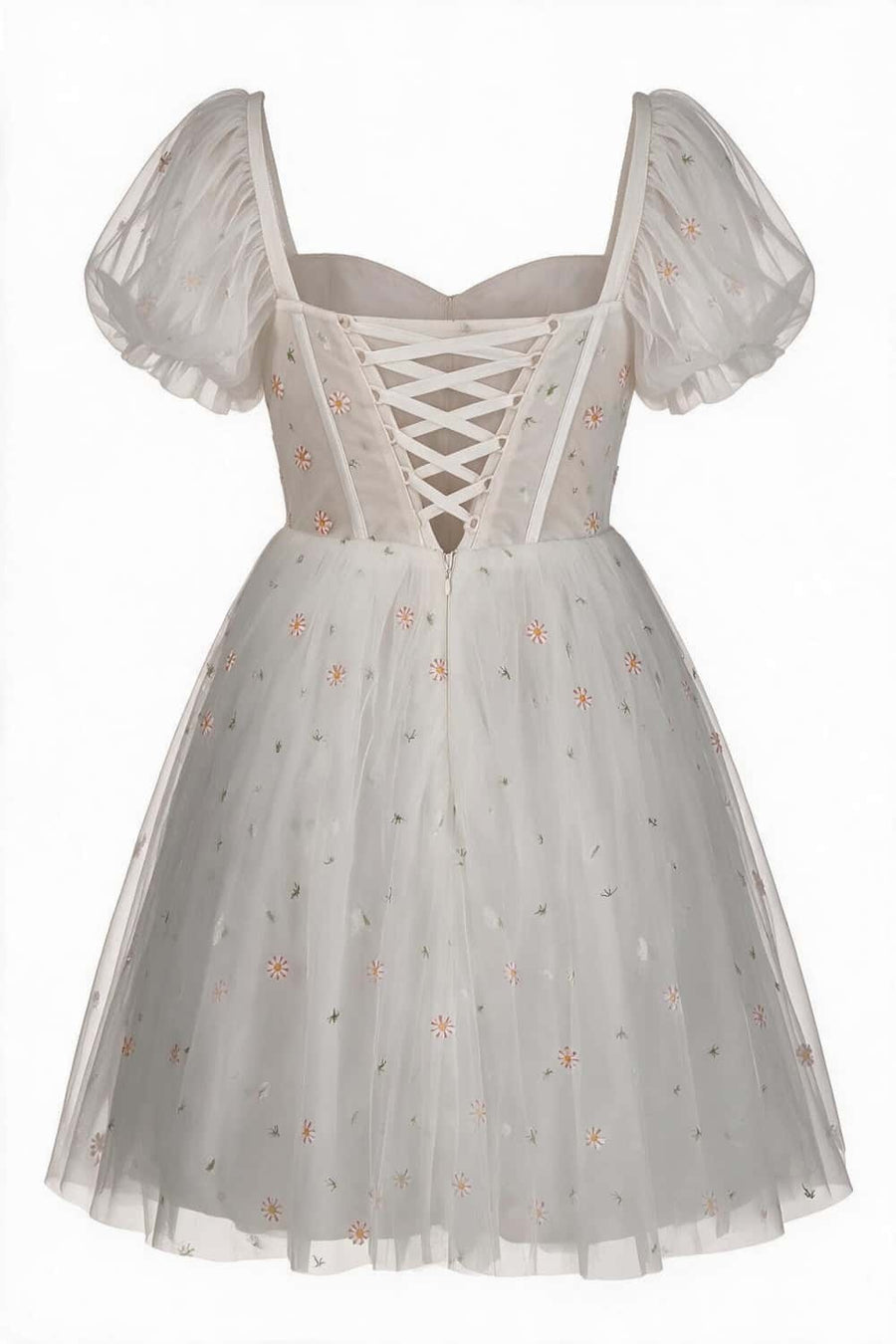 Puff Sleeve White Tulle Floral Short Dress