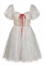Puff Sleeve White Tulle Floral Short Dress