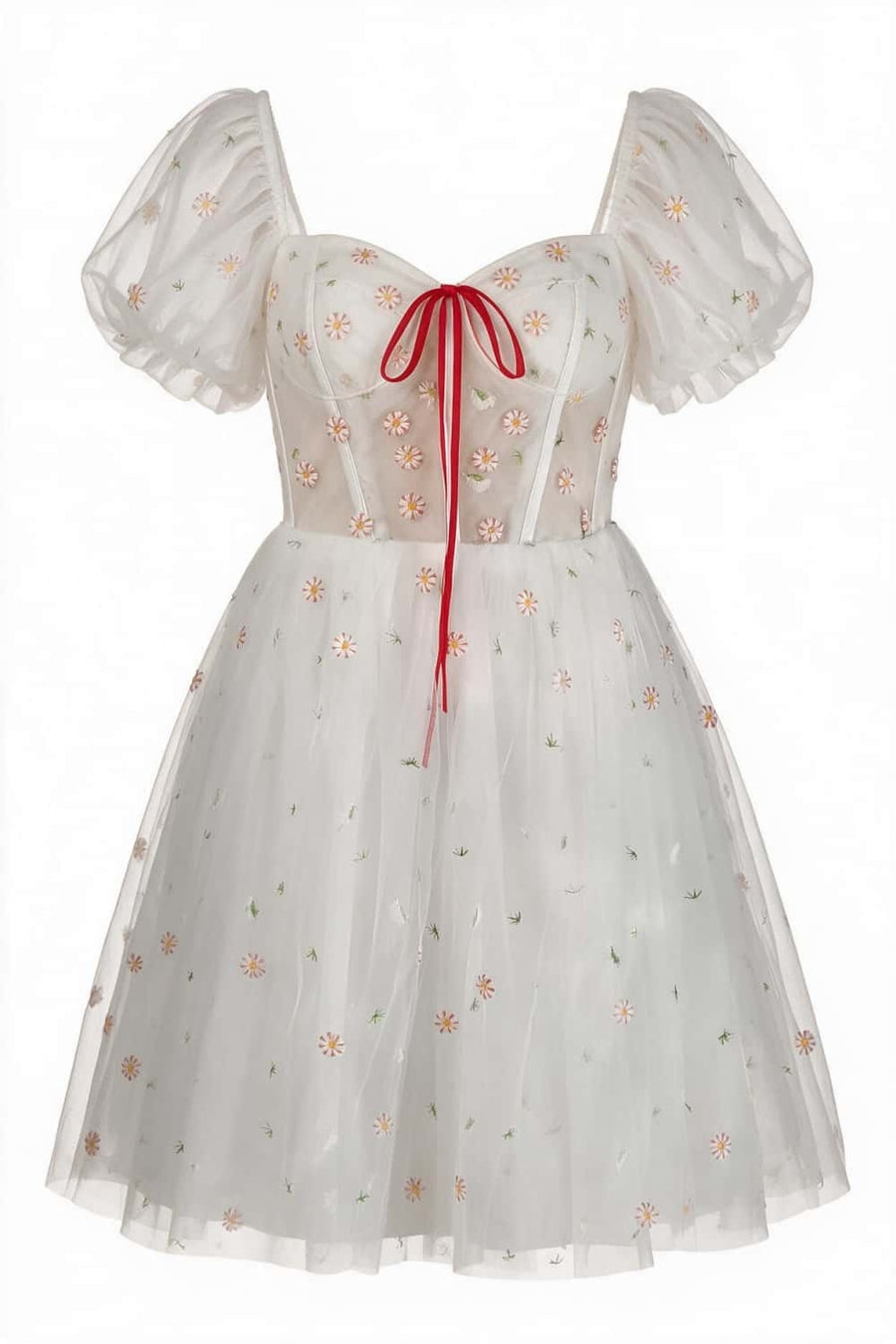 Puff Sleeve White Tulle Floral Short Dress