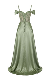 Sage Green Off Shoulder Satin Side Slit Corset Dress