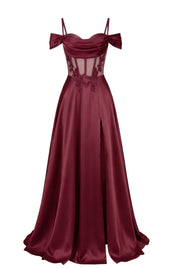 Sage Green Off Shoulder Satin Side Slit Corset Dress
