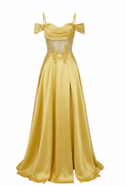 Sage Green Off Shoulder Satin Side Slit Corset Dress