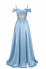 Sage Green Off Shoulder Satin Side Slit Corset Dress