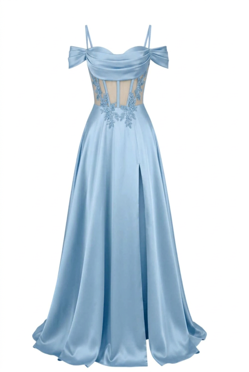 Sage Green Off Shoulder Satin Side Slit Corset Dress