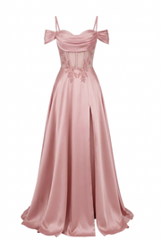 Sage Green Off Shoulder Satin Side Slit Corset Dress