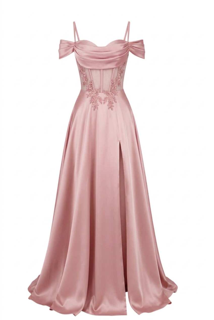 Sage Green Off Shoulder Satin Side Slit Corset Dress