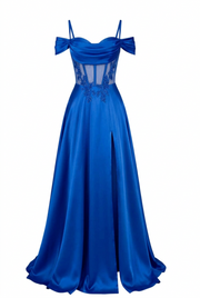Sage Green Off Shoulder Satin Side Slit Corset Dress