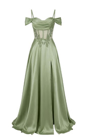 Sage Green Off Shoulder Satin Side Slit Corset Dress