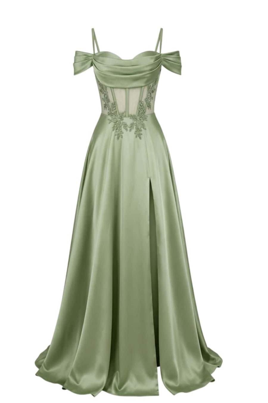 Sage Green Off Shoulder Satin Side Slit Corset Dress