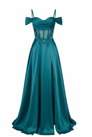Sage Green Off Shoulder Satin Side Slit Corset Dress