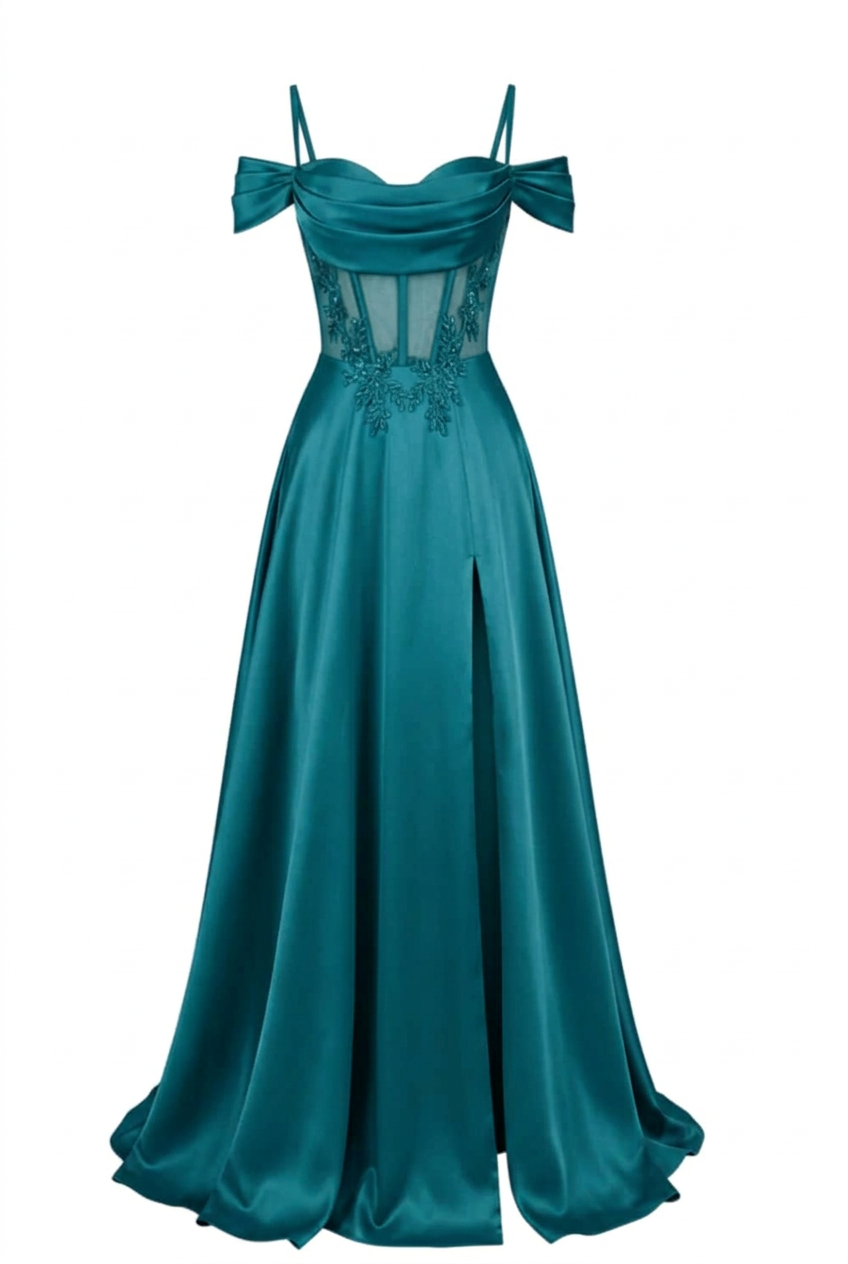 Sage Green Off Shoulder Satin Side Slit Corset Dress