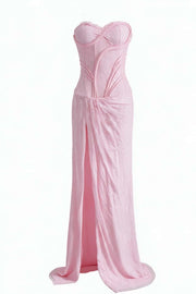 Pink Strapless Lace Sheath Long Dress