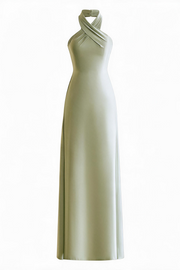 Sage Green Halter Neck Satin Long Dress