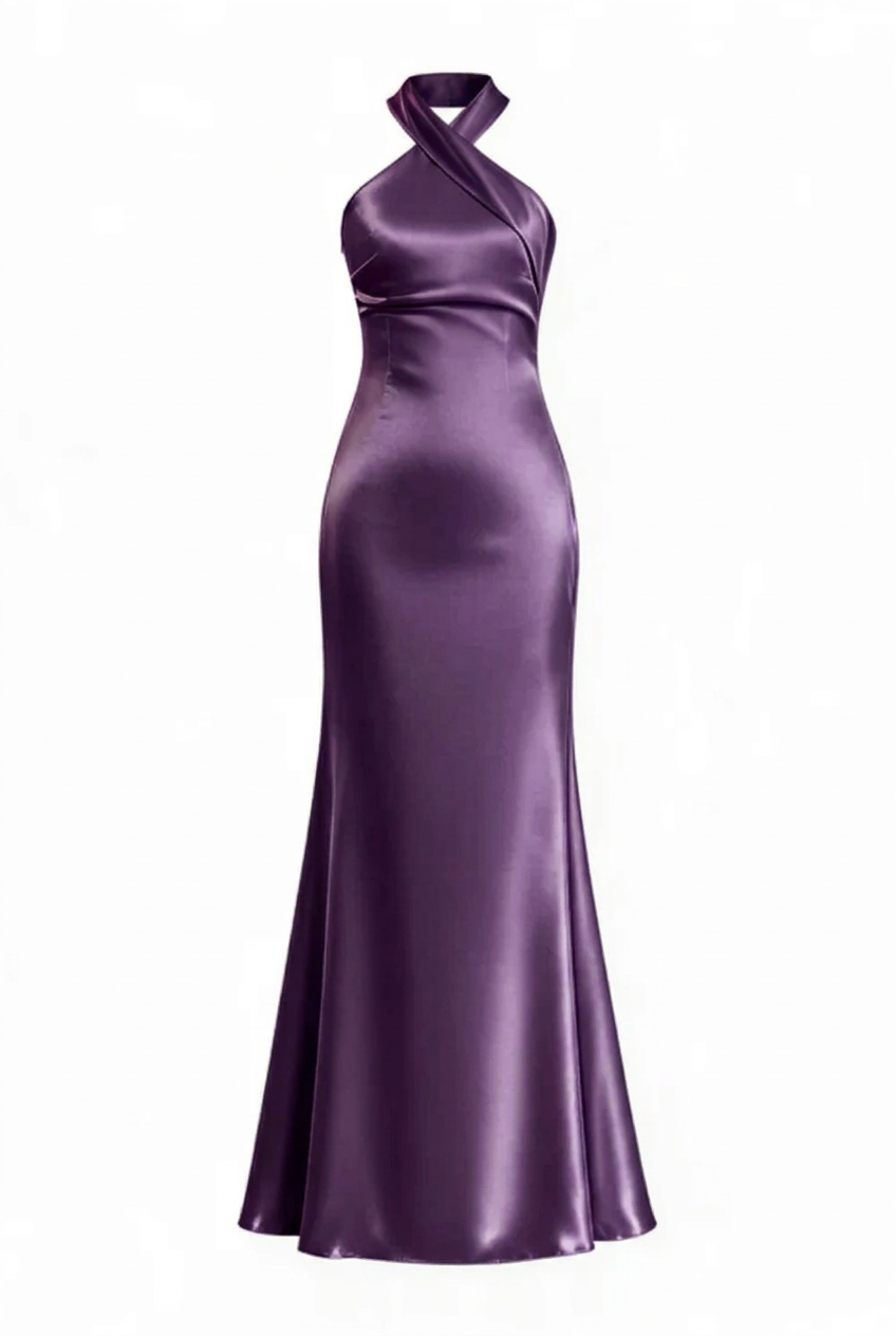 Sage Green Halter Neck Satin Sheath Long Dress