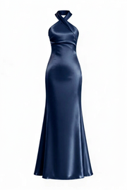 Sage Green Halter Neck Satin Sheath Long Dress
