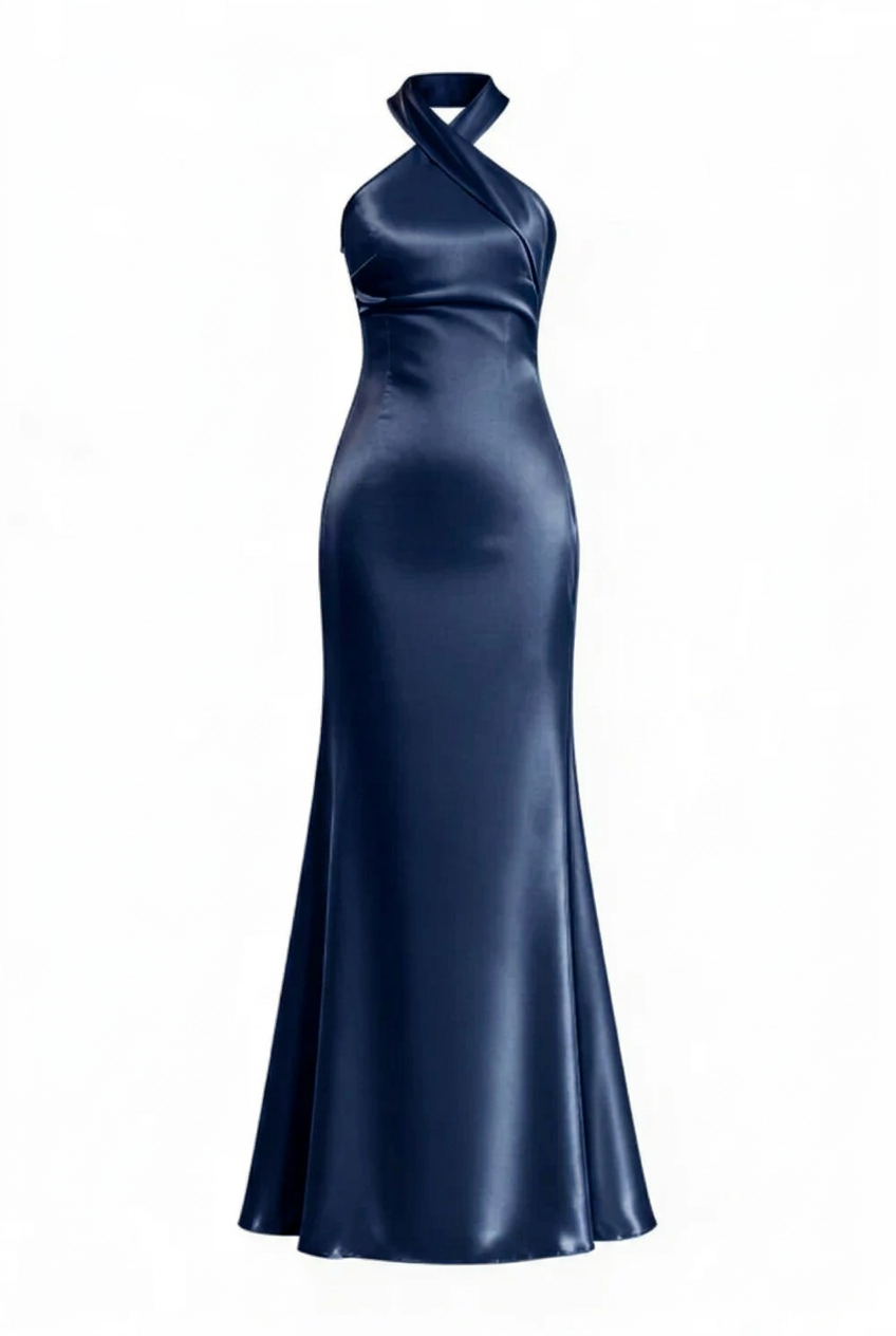 Sage Green Halter Neck Satin Sheath Long Dress