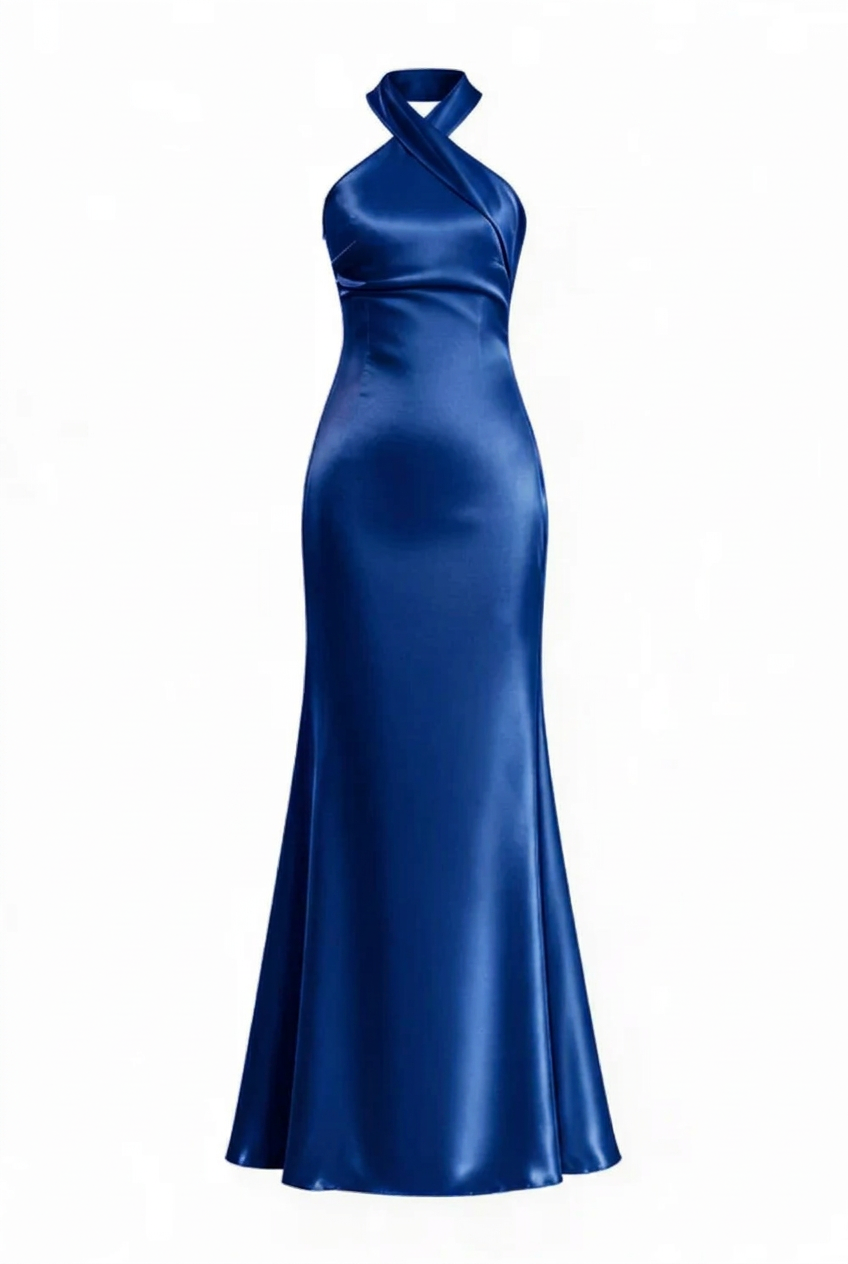 Sage Green Halter Neck Satin Sheath Long Dress