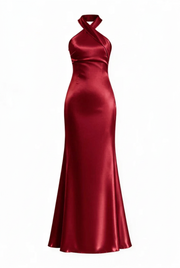 Sage Green Halter Neck Satin Sheath Long Dress