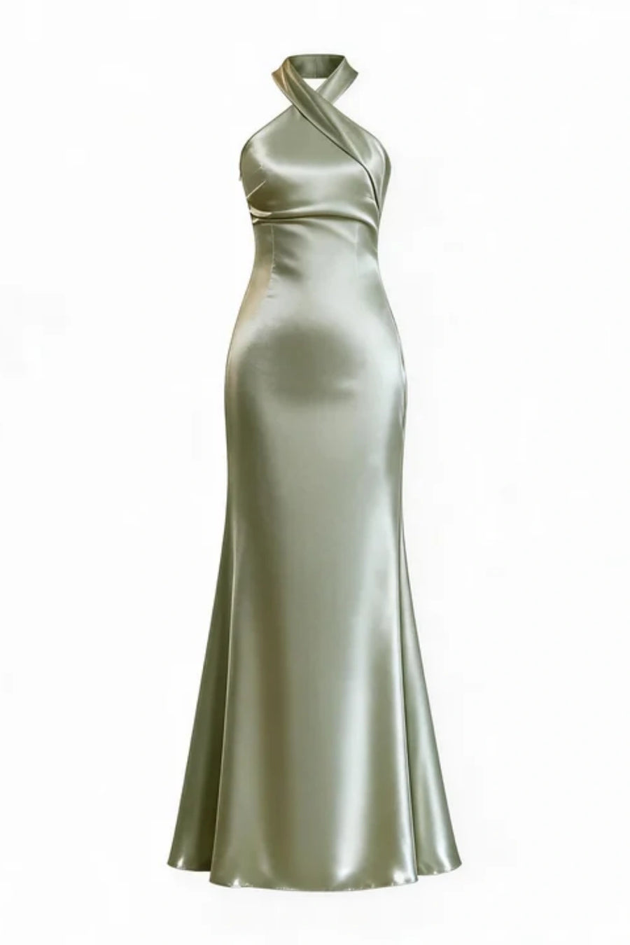 Sage Green Halter Neck Satin Sheath Long Dress