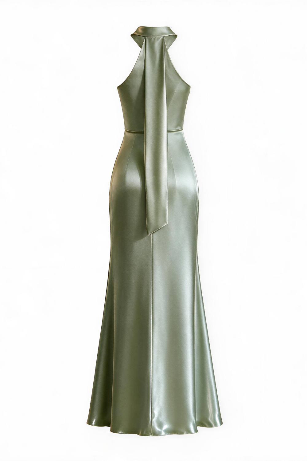 Sage Green Halter Neck Satin Sheath Long Dress