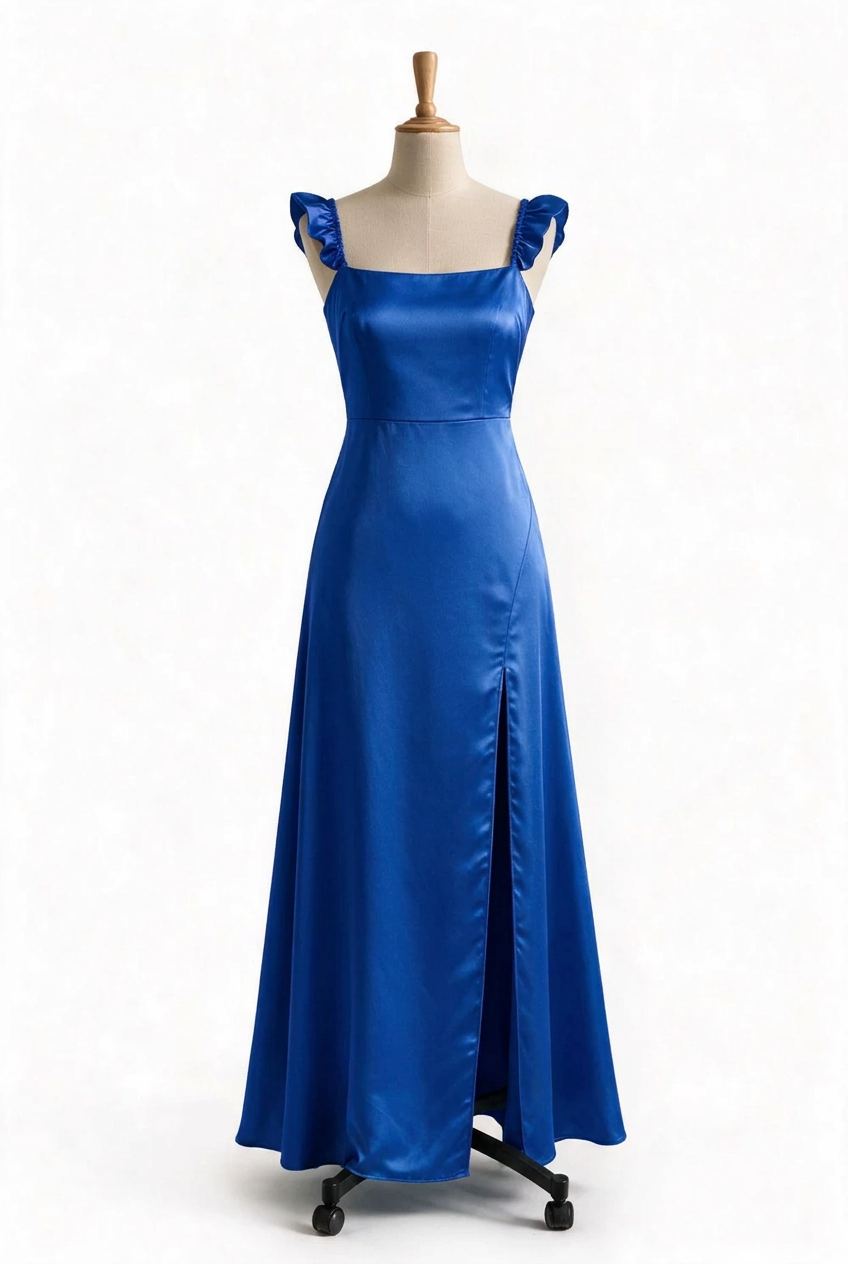 Dusty Blue Ruffle Straps Satin Long Dress