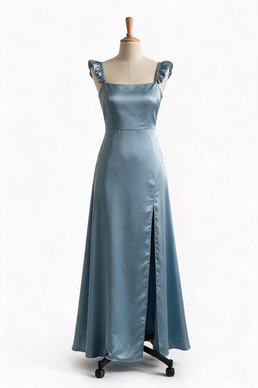 Dusty Blue Ruffle Straps Satin Long Dress
