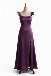 Dusty Blue Ruffle Straps Satin Long Dress