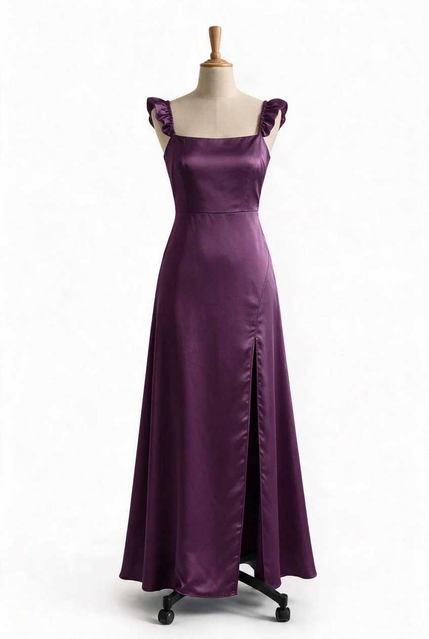 Dusty Blue Ruffle Straps Satin Long Dress