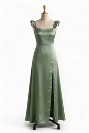 Dusty Blue Ruffle Straps Satin Long Dress