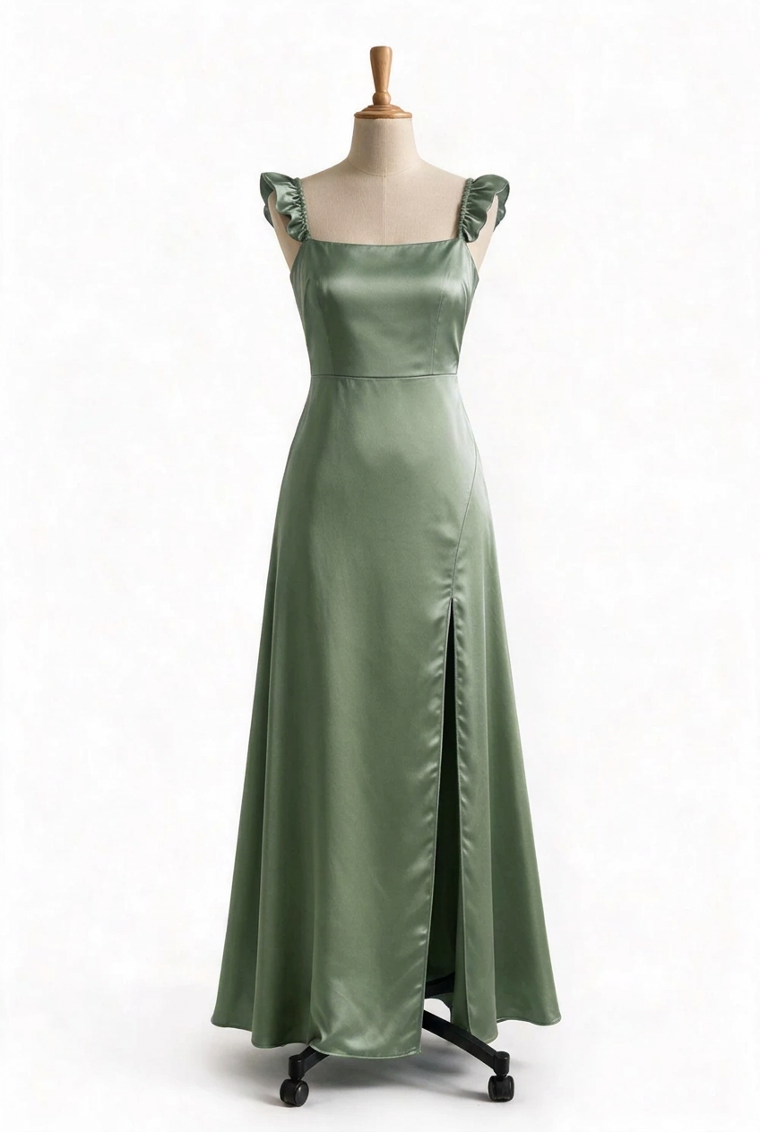 Dusty Blue Ruffle Straps Satin Long Dress