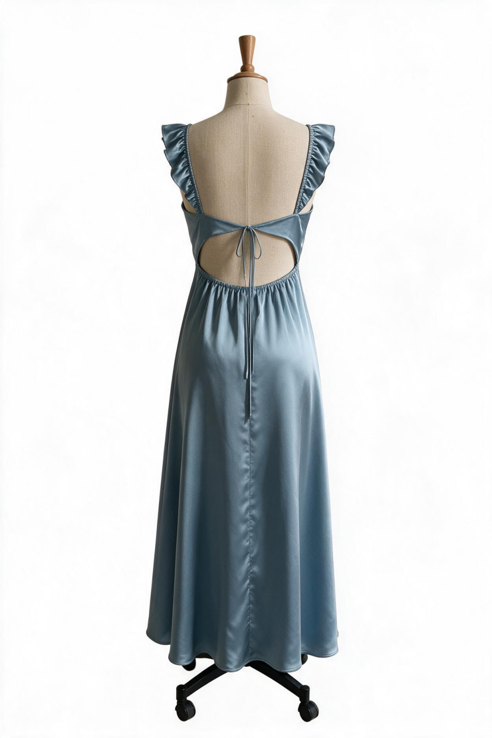 Dusty Blue Ruffle Straps Satin Long Dress