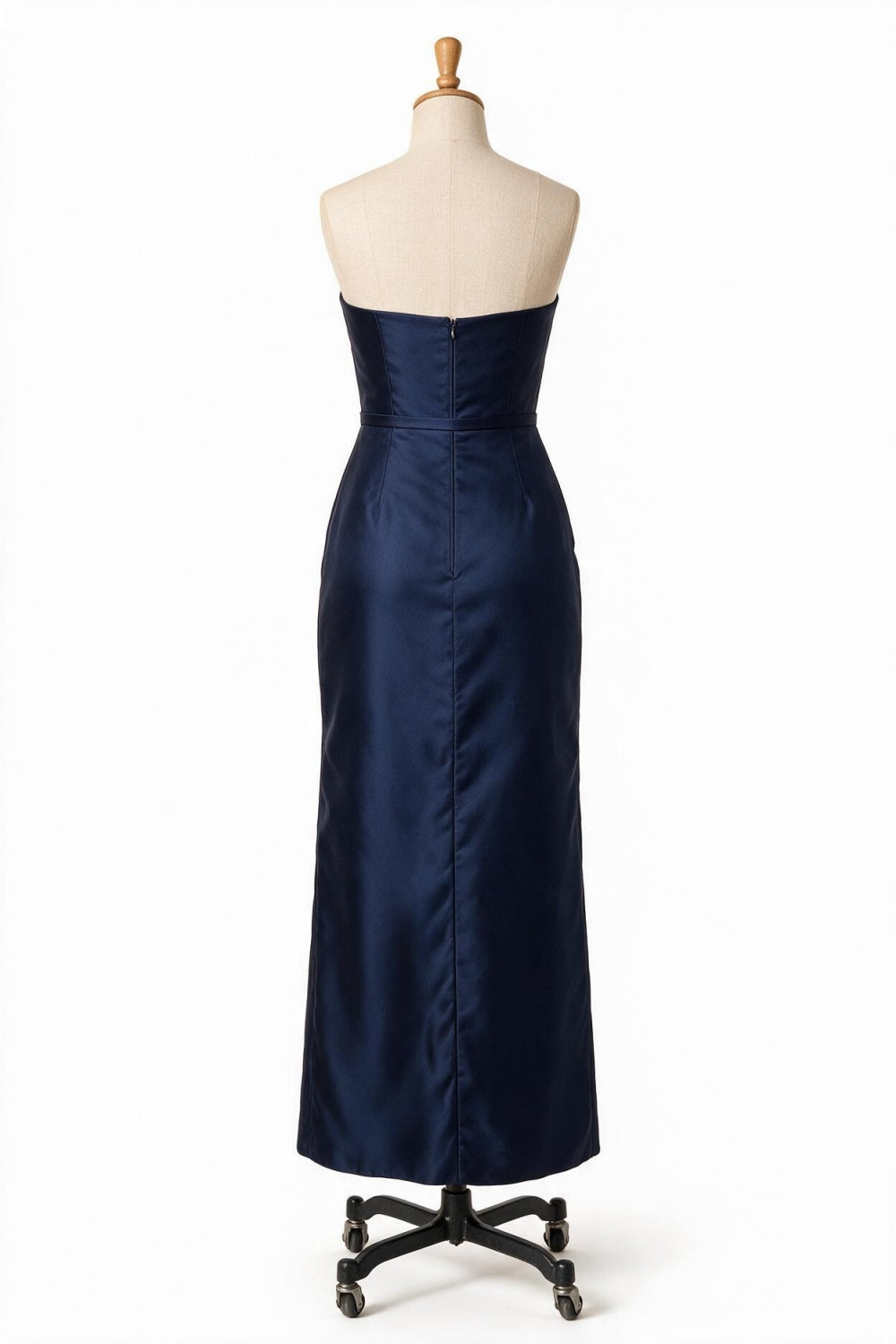 Navy Blue Strapless Satin Sheath Bridesmaid Dress