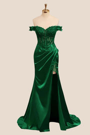 Lace Off the Shoulder Wine Red Satin Mermaid Dress