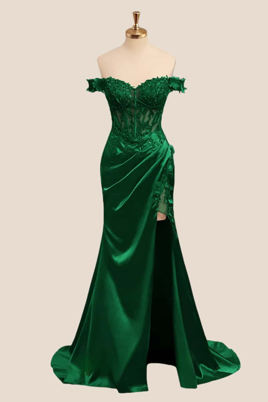 Lace Off the Shoulder Wine Red Satin Mermaid Dress