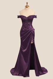 Lace Off the Shoulder Wine Red Satin Mermaid Dress