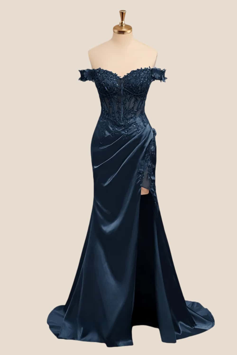 Lace Off the Shoulder Navy Blue Satin Mermaid Dress Ohmollydress Lace Off the Shoulder Navy Blue Satin Mermaid Dress Ohmollydress
