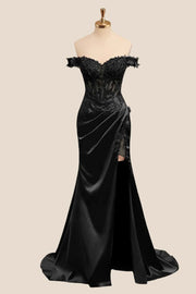 Lace Off the Shoulder Wine Red Satin Mermaid Dress