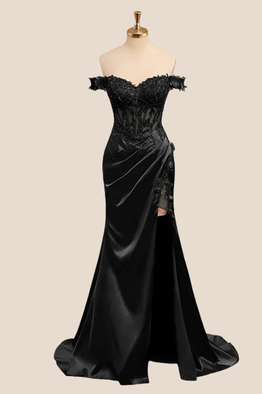 Lace Off the Shoulder Wine Red Satin Mermaid Dress