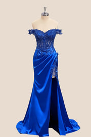 Lace Off the Shoulder Navy Blue Satin Mermaid Dress