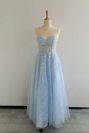 Light Blue Appliques Strapless A-line Long Prom Dress