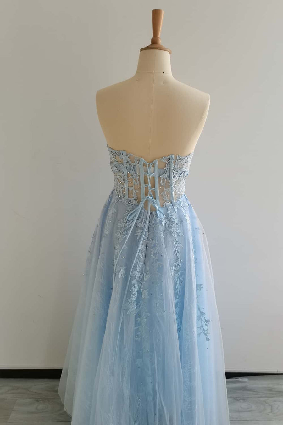 Light Blue Appliques Strapless A-line Long Prom Dress