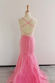 US 2 Hot Pink Lace Mermaid Prom Dress