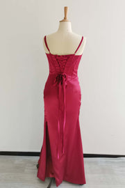 US 4 Wine Red Satin Ruched Long Prom Dress