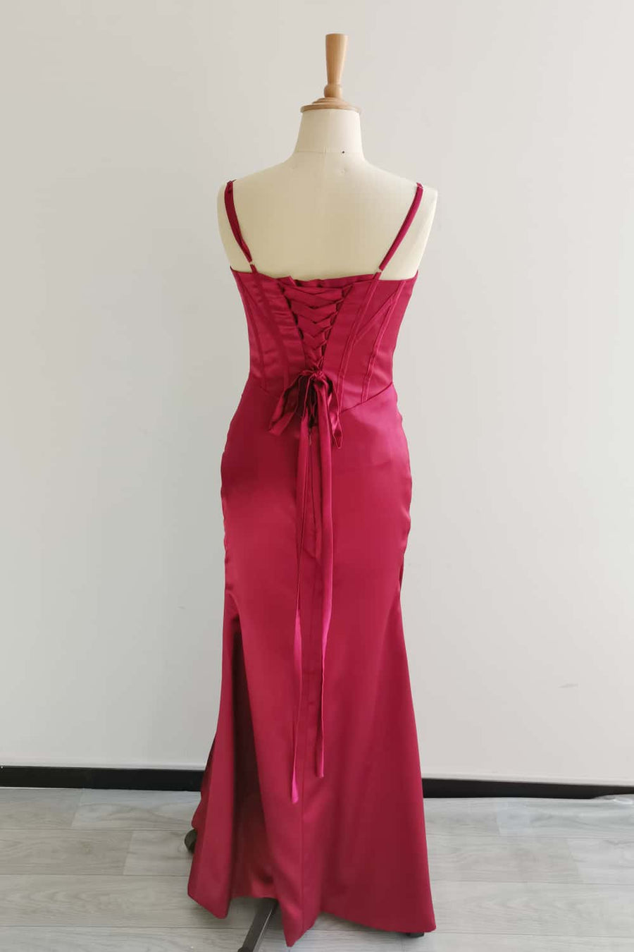 US 4 Wine Red Satin Ruched Long Prom Dress