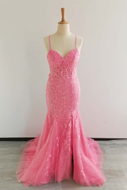 US 2 Hot Pink Lace Mermaid Prom Dress