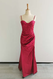 US 4 Wine Red Satin Ruched Long Prom Dress