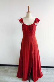 US 4 Rust Chiffon Ruffle Straps Long Dress