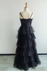 US 4 Black Tulle Tiered Long Maxi Dress